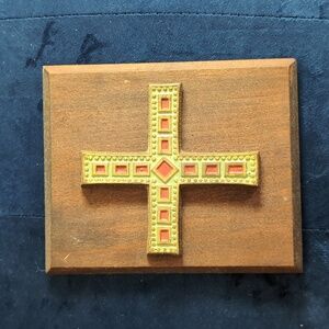 Vintage MCM Terra Sancta Guild 1968 Bronze Cross on Wood